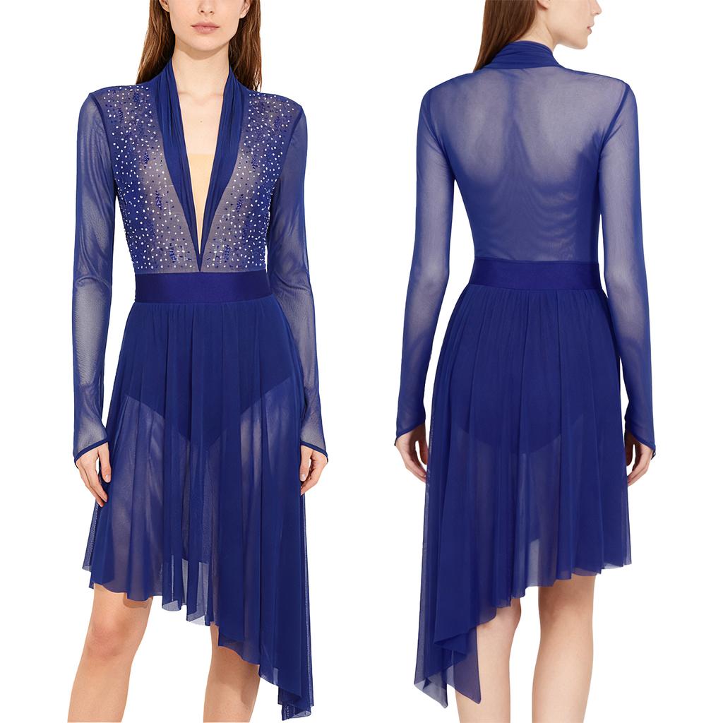 Damen Lyrical Tanzkleid S-XXL: Transparenter Netzstoff Langarm mit glitzernden Strasssteinen & Eingearbeiteten Schrittknöpfen Höschen Rüschen Design