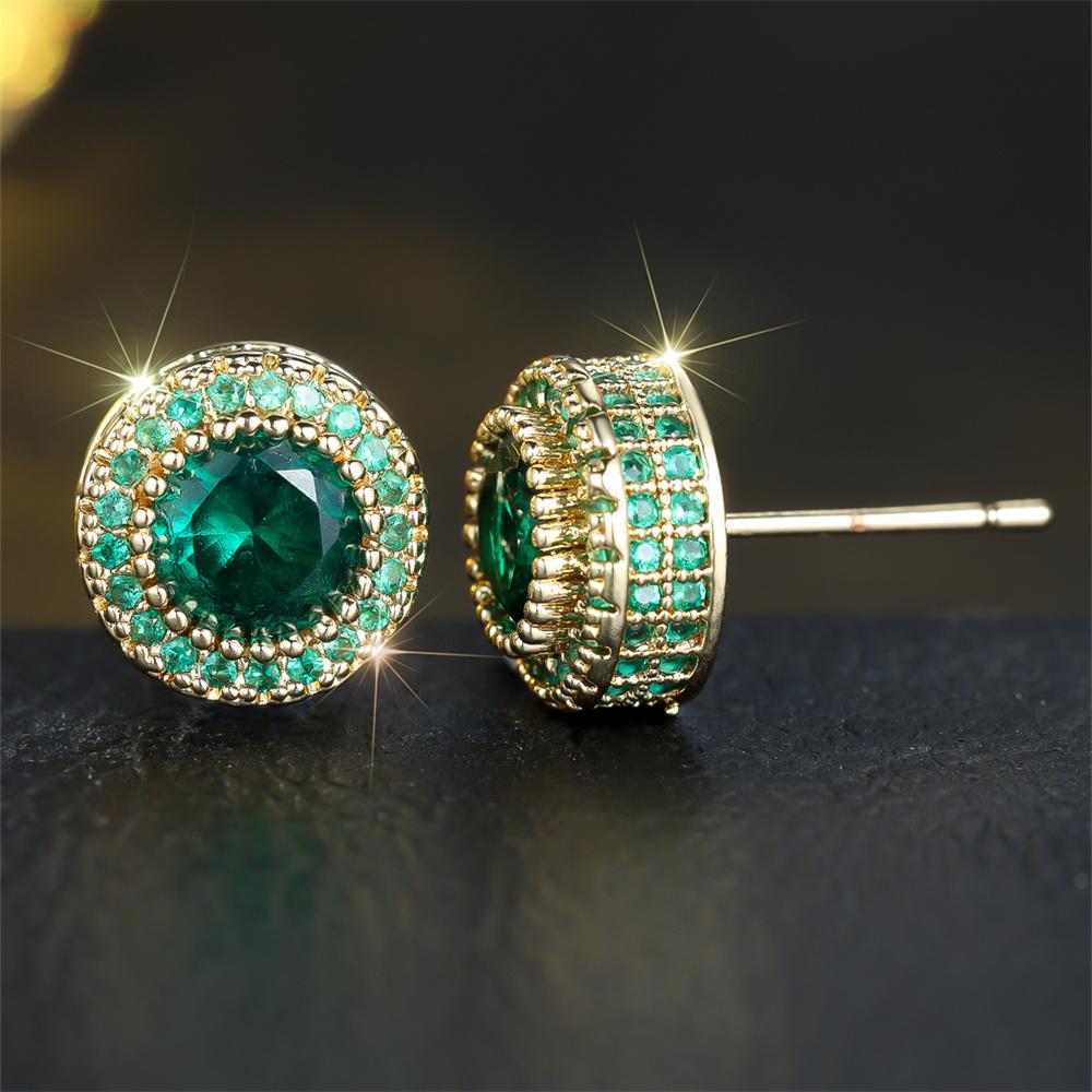 Trendy Green Crystal Zircon Round Stone Stud Earrings For Women Vintage Rose Gold Silver Color Wedding Jewelry Mother's Day Gift