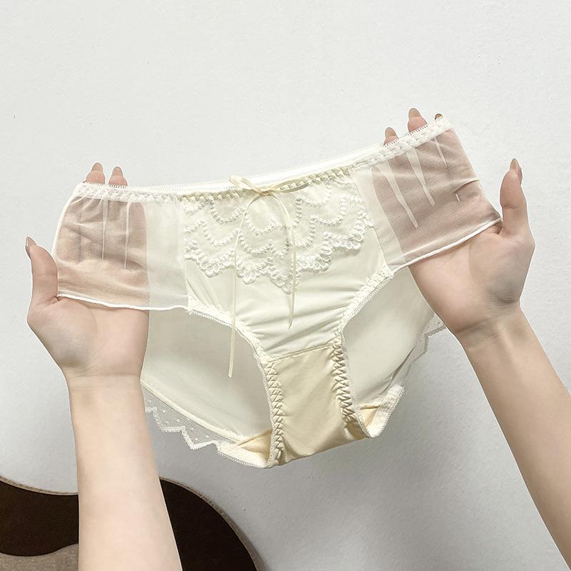 Women's Luxe Satin Mesh Sexy Lace Thin See Through Mid Low Waist Light Cooked Briefs Panties