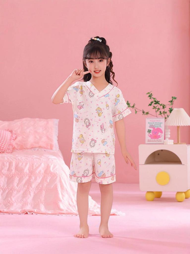 Girls' Summer Cloud Cotton Pajama Set - Short Sleeve V-Neck, Light Two-Piece Homewear