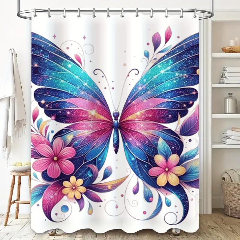 Colorful Butterfly Shower Curtain Decorative Bath Linen with 3D Flowers Waterproof Fabric for Bathroom Available in Custom Sizes