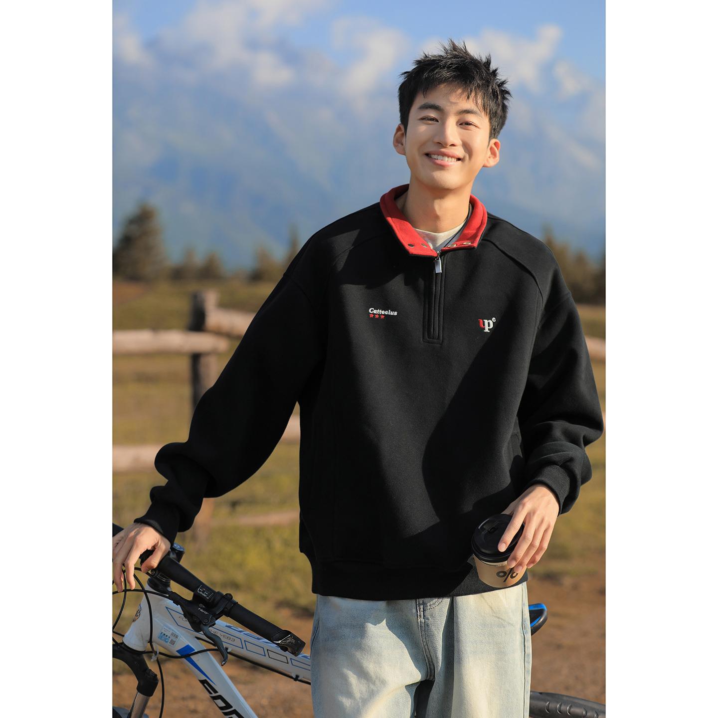 Men s Fashion Autumn/Winter Color Block Stand Collar Hoodie Large