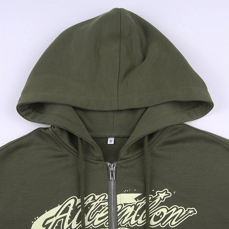 Roupa de Rua Estampa de Letra Estrela Feminina Punk Vintage Verde Zíper Y2K Moletom Curto de Manga Comprida