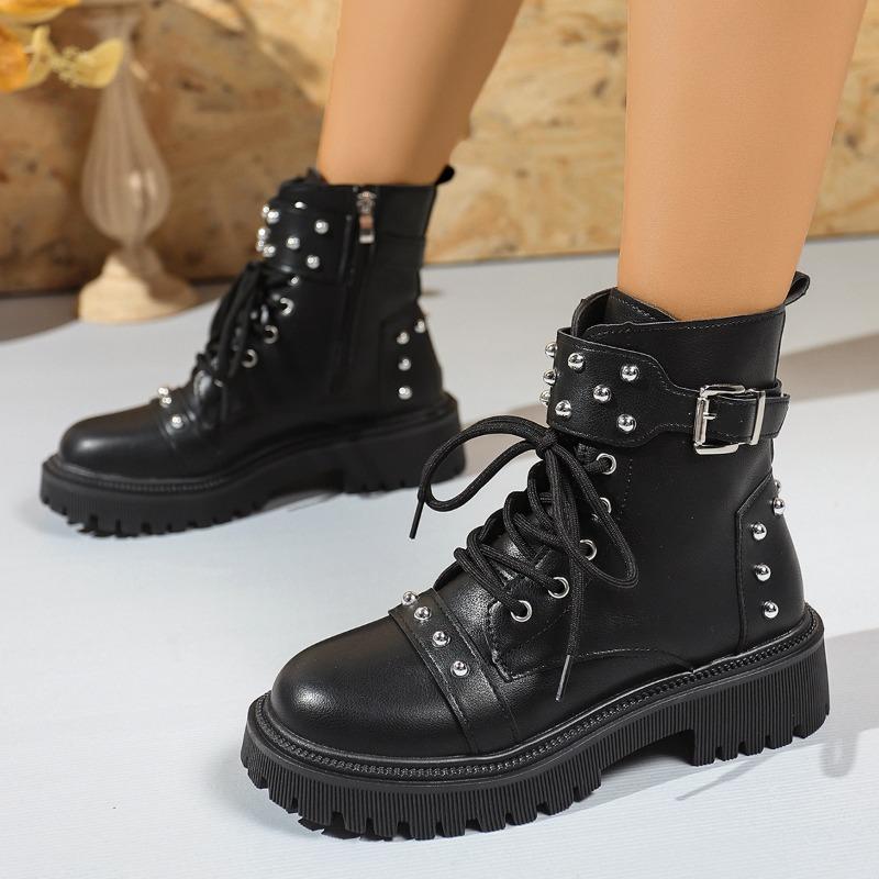 Thick-soled rivet Martin boots women's autumn and winter new large-size round head lace-up belt buckle short boots