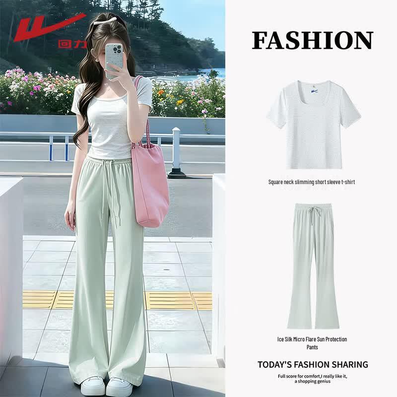 Warrior Women s Thin Summer Square Neck T-Shirt & Flared Pants Set L