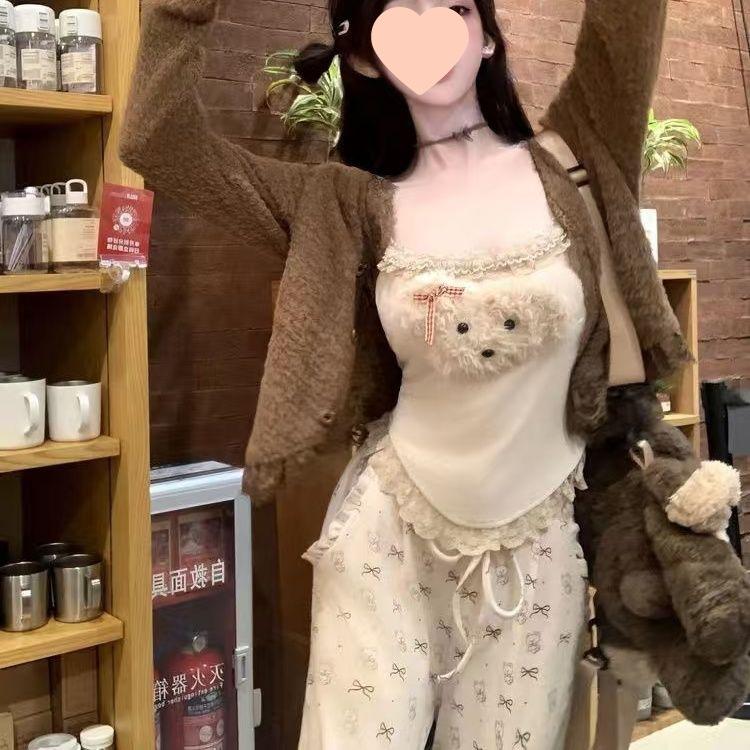 Autumn/Winter Cream Puppy Cardigan & Casual Slimming Vest with Long Pants Set