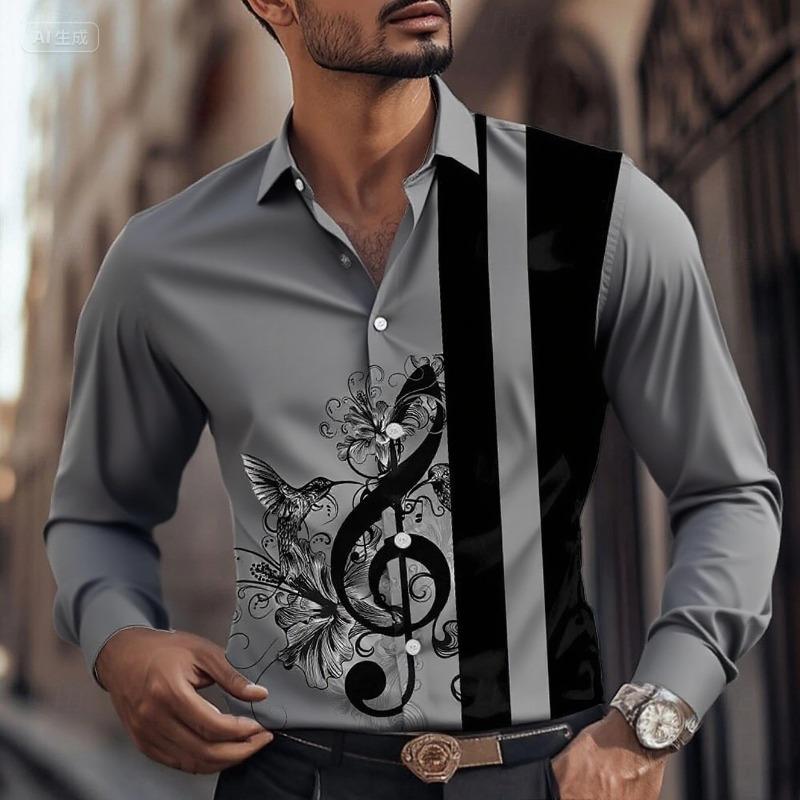 2025 Men's Striped Musical Note Dress Shirt Button Long Sleeve Fashion Casual Autumn Lapel Shirt 3D Printing Men Clothing