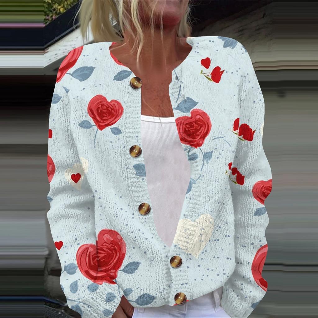 Women's Fashion Valentine's Day Heart Printed Long Sleeve Knitted Cardigan Button Jacket