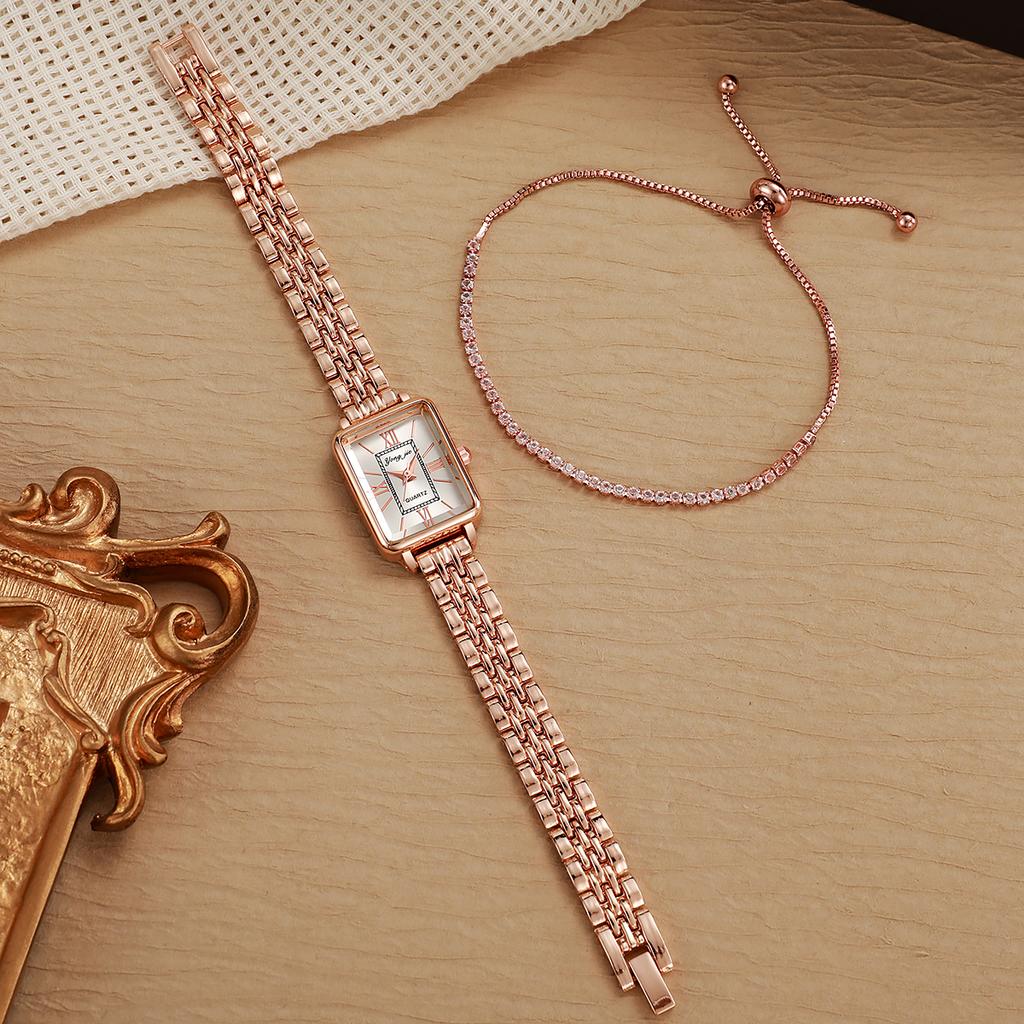 No Gift Box New Style Steel Strap Women's Square Ins Style Niche Korean Version Student Quartz Watch   Bracelet 2-piece Set