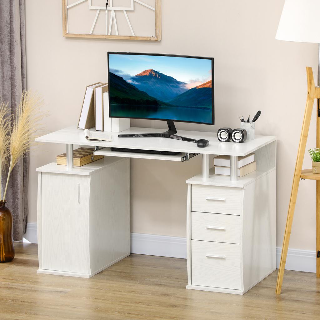Computer desk, computer desk 120 x 55 cm with keyboard tray, 3 drawers, for bedroom, home, white