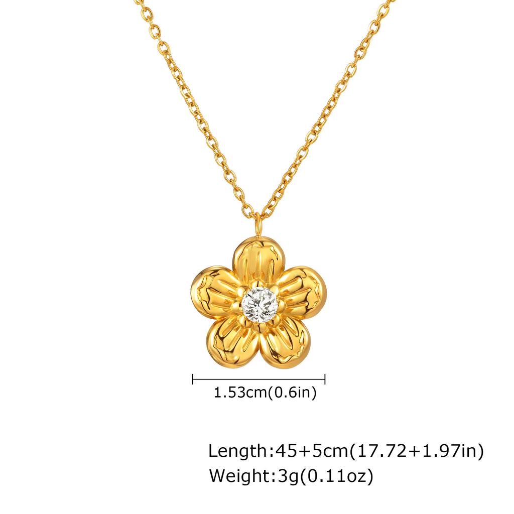 Wind Sweet Girl Stainless Steel Shiny Zircon Bow Flower Necklace Plated 18K Gold Nc-2380