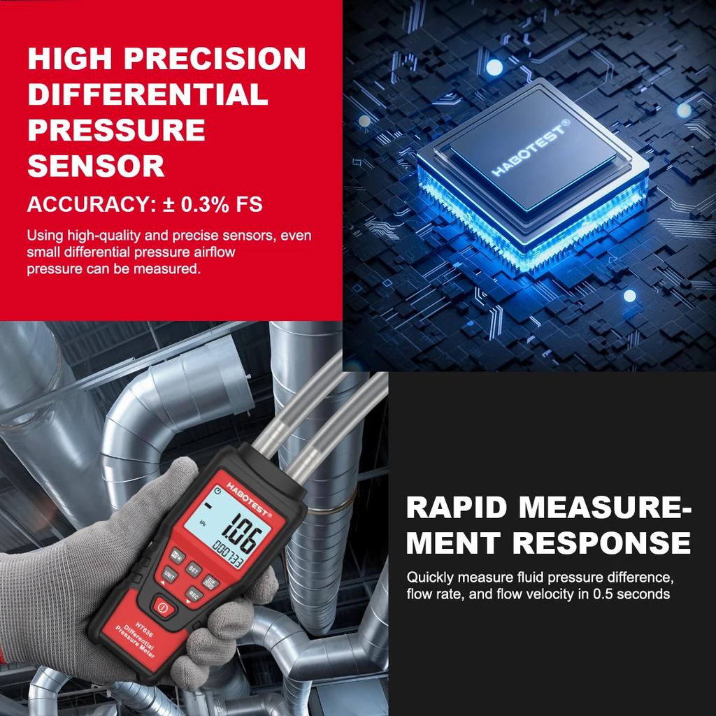 HABOTEST HT636 Digital Pressure Gauge Manometer Air Pressure Meter Differential Pressure Gauge Air Precision Kit Detector Meter