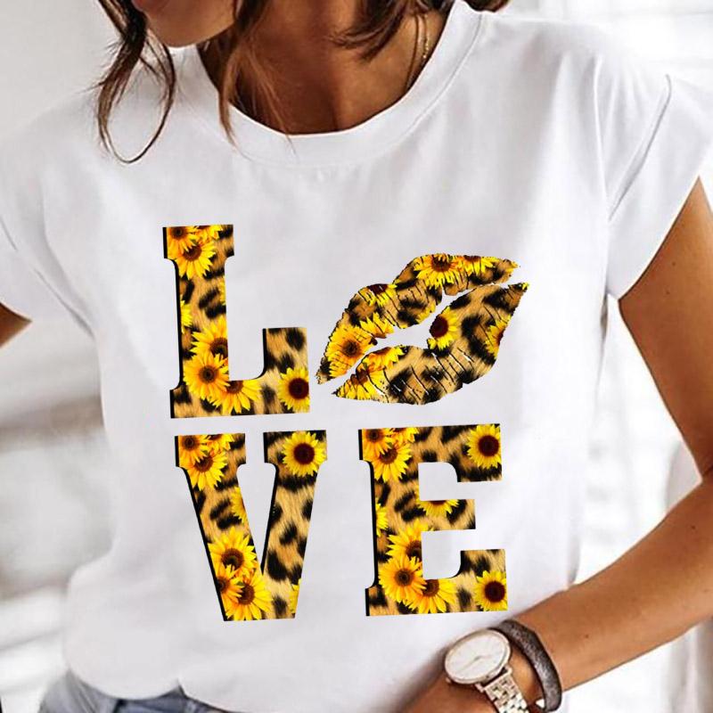 Women Printing Clothes Custom T-Shirt Watercolor Cute Tops Tshirt Short Sleeve Cartoon Heart Print Female Graphic O-Neck Tees