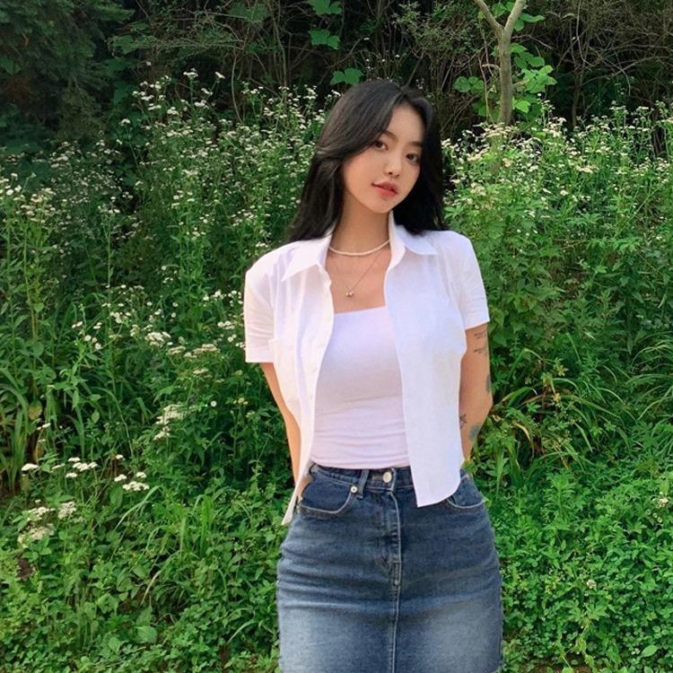 Women Summer Waisted Short Sleeve Shirt Slim Shirt Short Sleeve Top