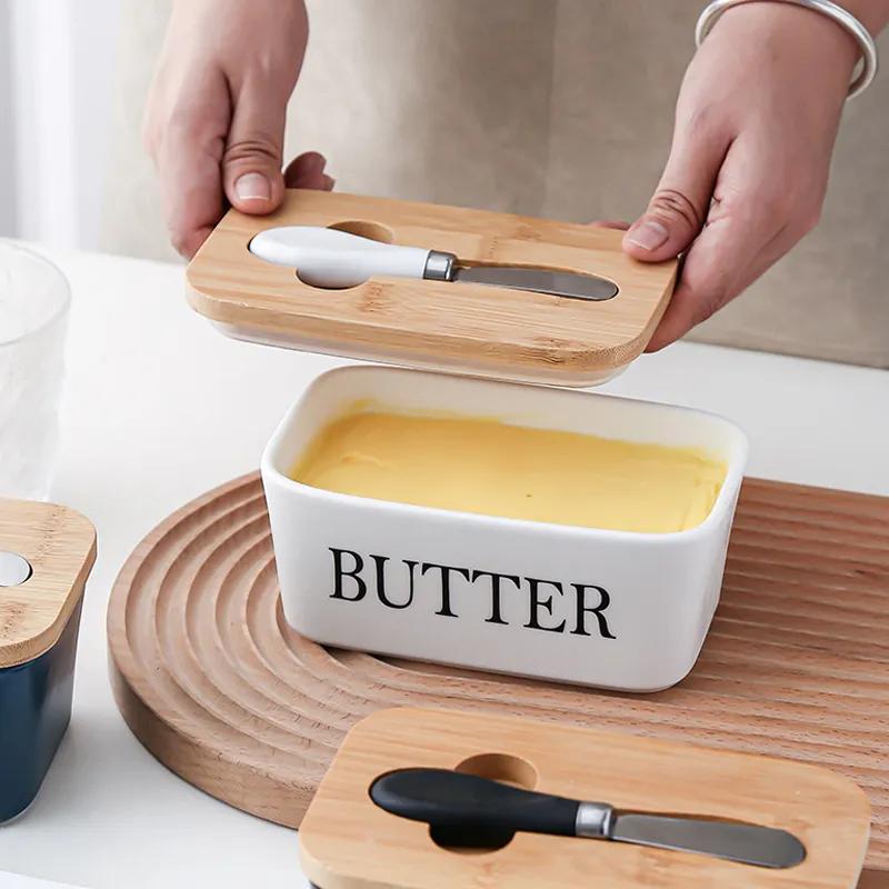 Rectangular Ceramic Butter Box Sealed Jar Butter Box Knife Western Style Household Cheese Box Kitchen Storage Tool YLE33