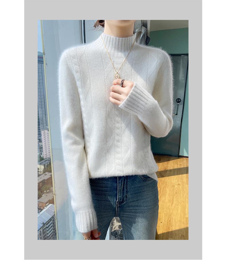 Damski wełniany sweter z golfem o splocie diamentowym - Wyszczuplający, wszechstronny pulower jesienno-zimowy