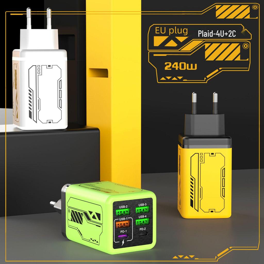 Mecha Style PD240W Fast Charger: 4-USB & 2-Type-C Ports, Compatible with Apple & Huawei Devices