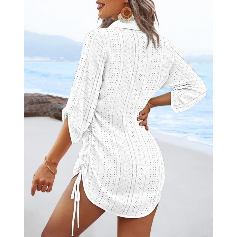 VEZFAA Women's Fashion Summer Spring Solid Color Print Short Sleeve V-Neck Loose Waistline Casual Dresses