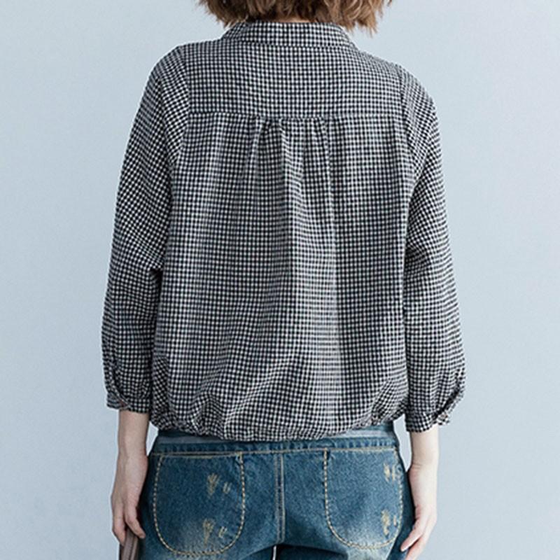 Plaid Cotton Linen Shirt Women Casual Spring Autumn Vintage Shirts Stand Collar Loose Female Long Sleeve Tops