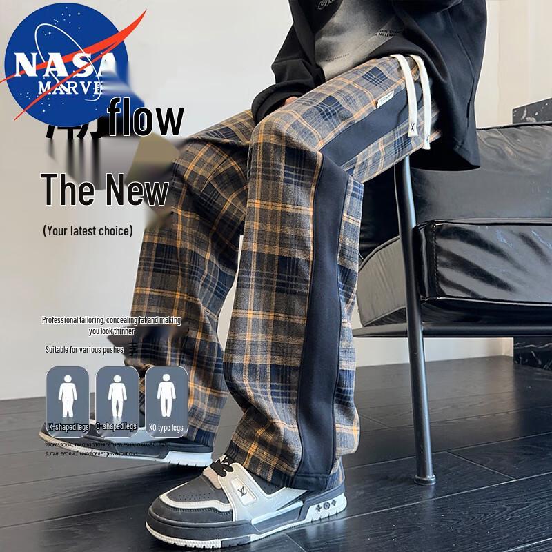 NASA MARVEL Men's Spring/Autumn Plaid Casual Straight-Leg Trousers
