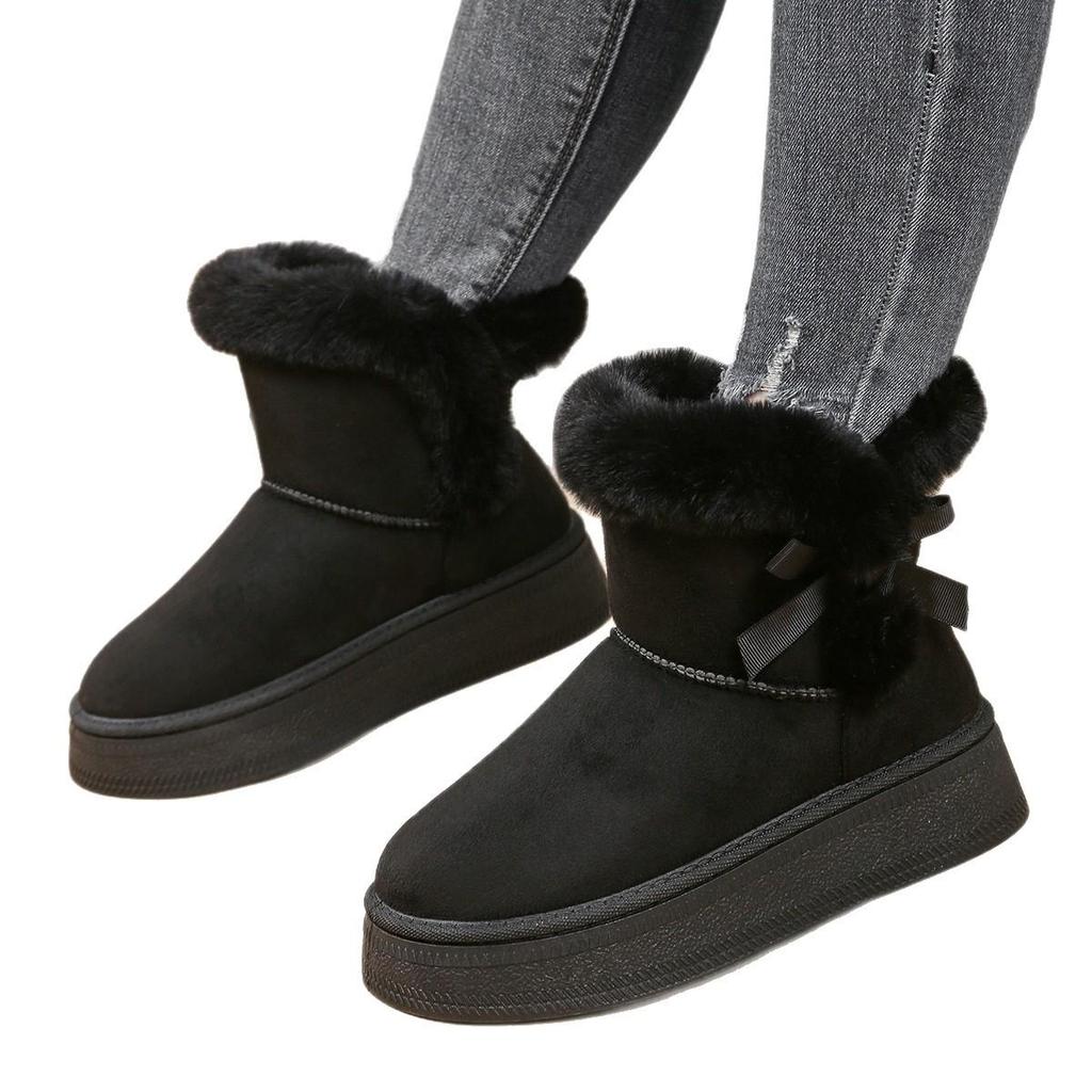 Damen Übergröße Pelzige Winterstiefel: 2025 Lässige Baumwolle aus einem Stück mit dicker Sohle und Schmetterlingsdetail