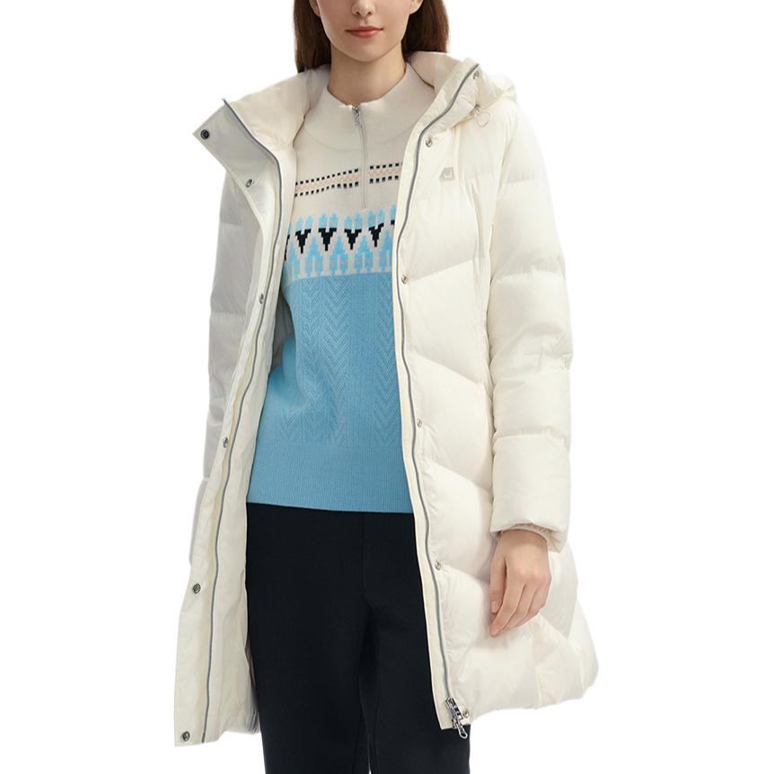 FILA Lifestyle White Mid-Length Warm Solid Color Hooded Long Sleeve Down Jacket Women Outerwear Fog-Lotus-White F11W443903FIV