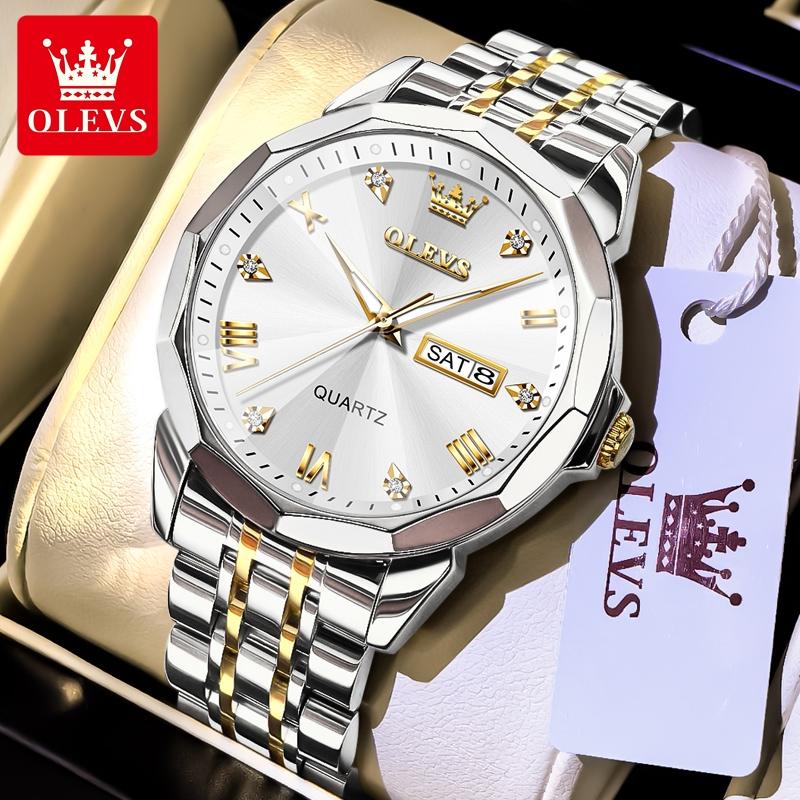 OLEVS Luxury Man Watch Solid Steel Strap Waterproof Men's Watches Fashion Rhombus Mirror Dual Calendar Quartz Wristwatches 9931