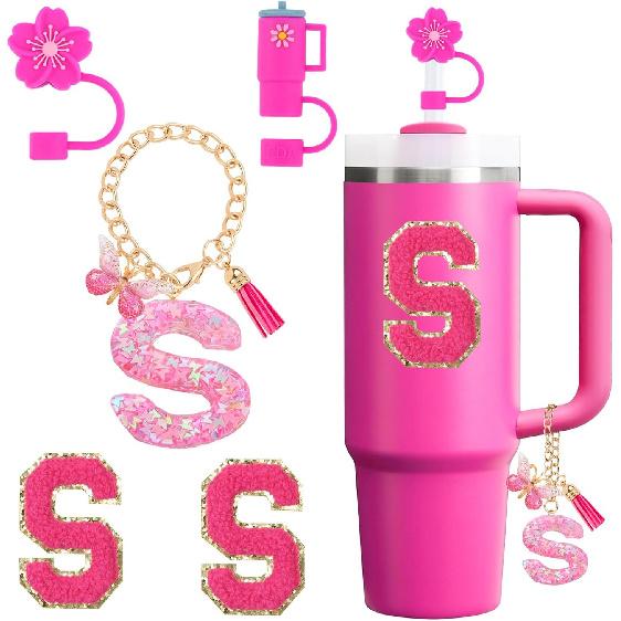 Cup Accessories Set for Stanley Cup 30oz 40oz tumbler with handle, Including Silicone Straw Topper Cover Cap, Handle Charm, Initials Sticker Fuchsia