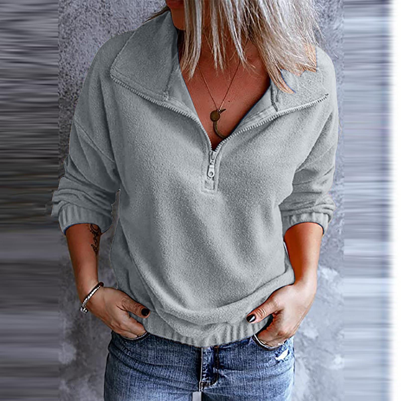 

Женский осенне-зимний однотонный плюшевый свитшот с длинным рукавом, воротником-стойкой и застежкой-молнией XL