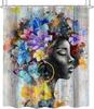 Black Girl Shower Curtain – African American Woman with Colorful Floral Design, Rustic Wooden Style Fabric Curtain with Hooks