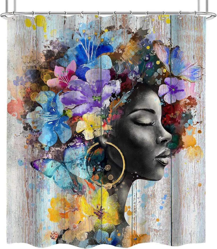 Black Girl Shower Curtain – African American Woman with Colorful Floral Design, Rustic Wooden Style Fabric Curtain with Hooks