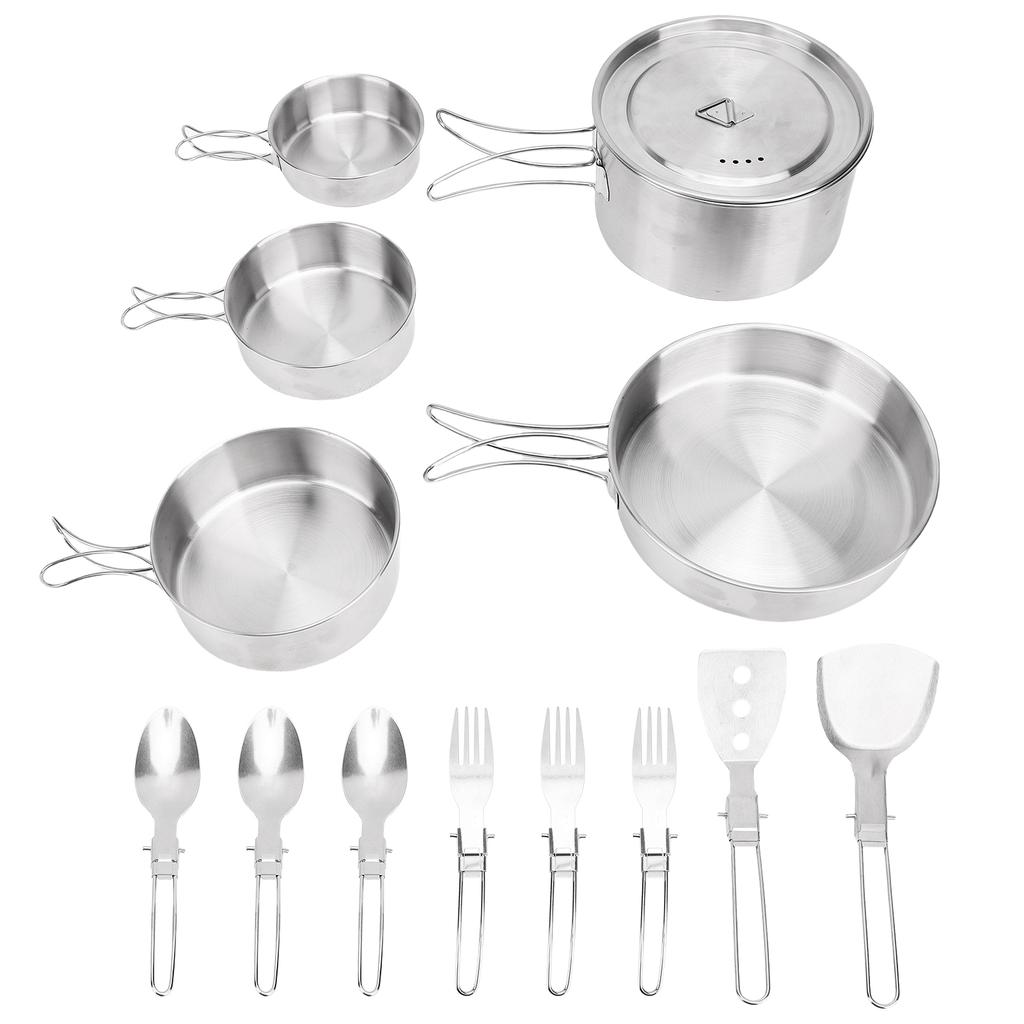 Stainless Steel Camping Cookware Set Foldable Handle Portable Cookware Lightweight Cookware Set For 3 People