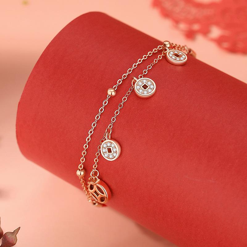 Original Coins Red Rope Bracelet Female Sterling Silver China-Chic Vintage Birthday Double Layer Hand Rope Court Style Copper Coin Handwear