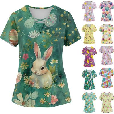 Women's Short Sleeve V-Neck Drawstring Easter Bunny Egg Print Pocket  Top