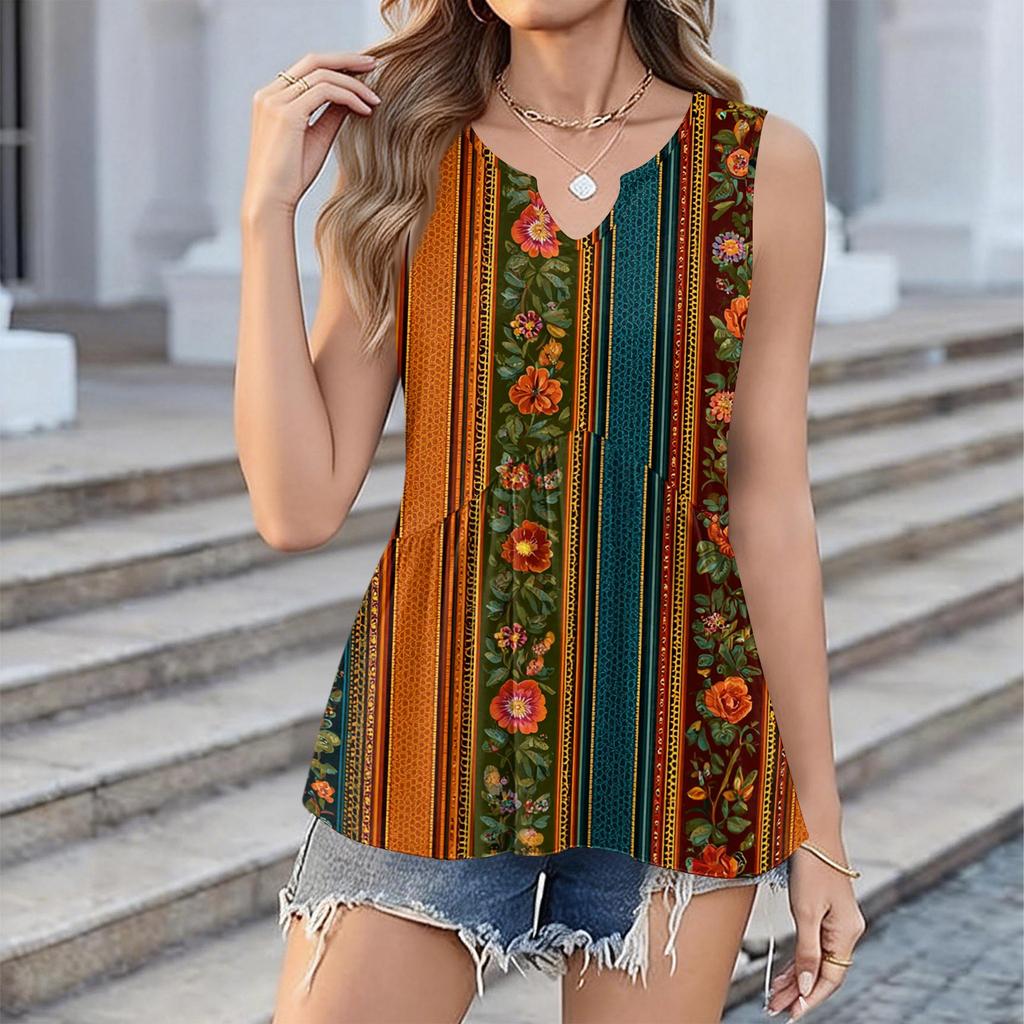 Women's Fashionable New Retro Floral Textured V-neck Loose Casual Flowy Sleeveless Vest Top