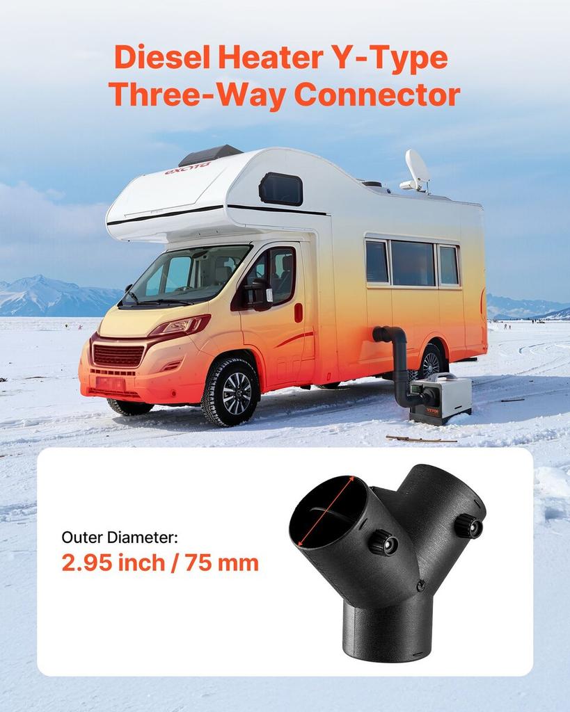 Diesel Heater Connector, 75mm Diesel Heater Duct Connector Accessories, 3-Way Y Branch Diesels Heaters Air Vent Duct with 2 90° Rotatable Valves,