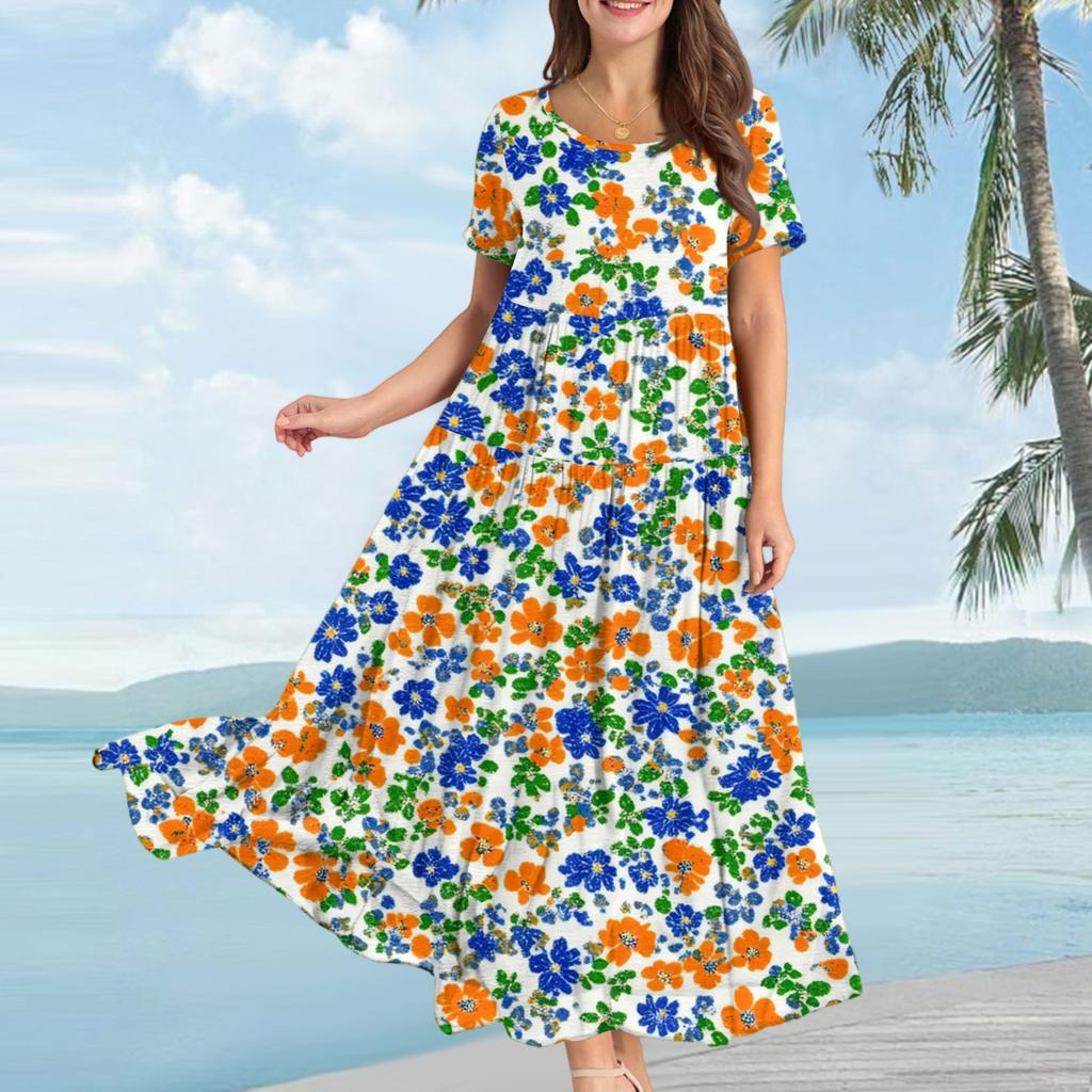 Women's Casual Loose Bohemian Floral Print Short Sleeve Dress