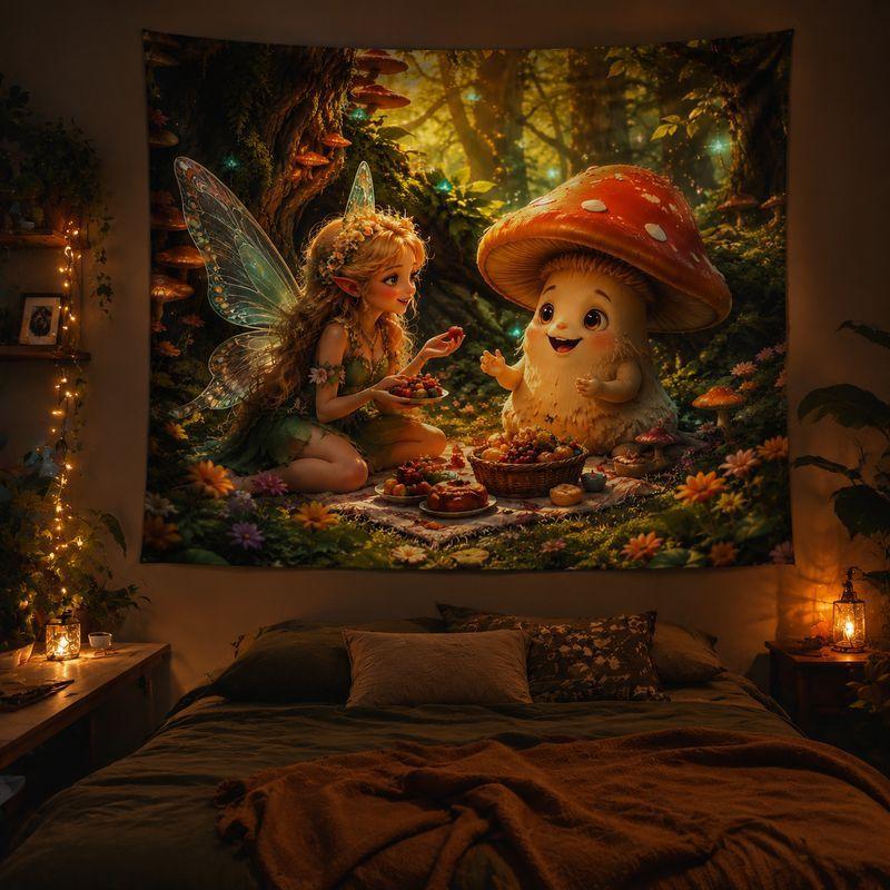 Forest Elf Fairy Anime Tapestry, Galaxy Mushroom Wall Hanging, Nature Fantasy Wall Decor Blanket for Bedroom Dorm