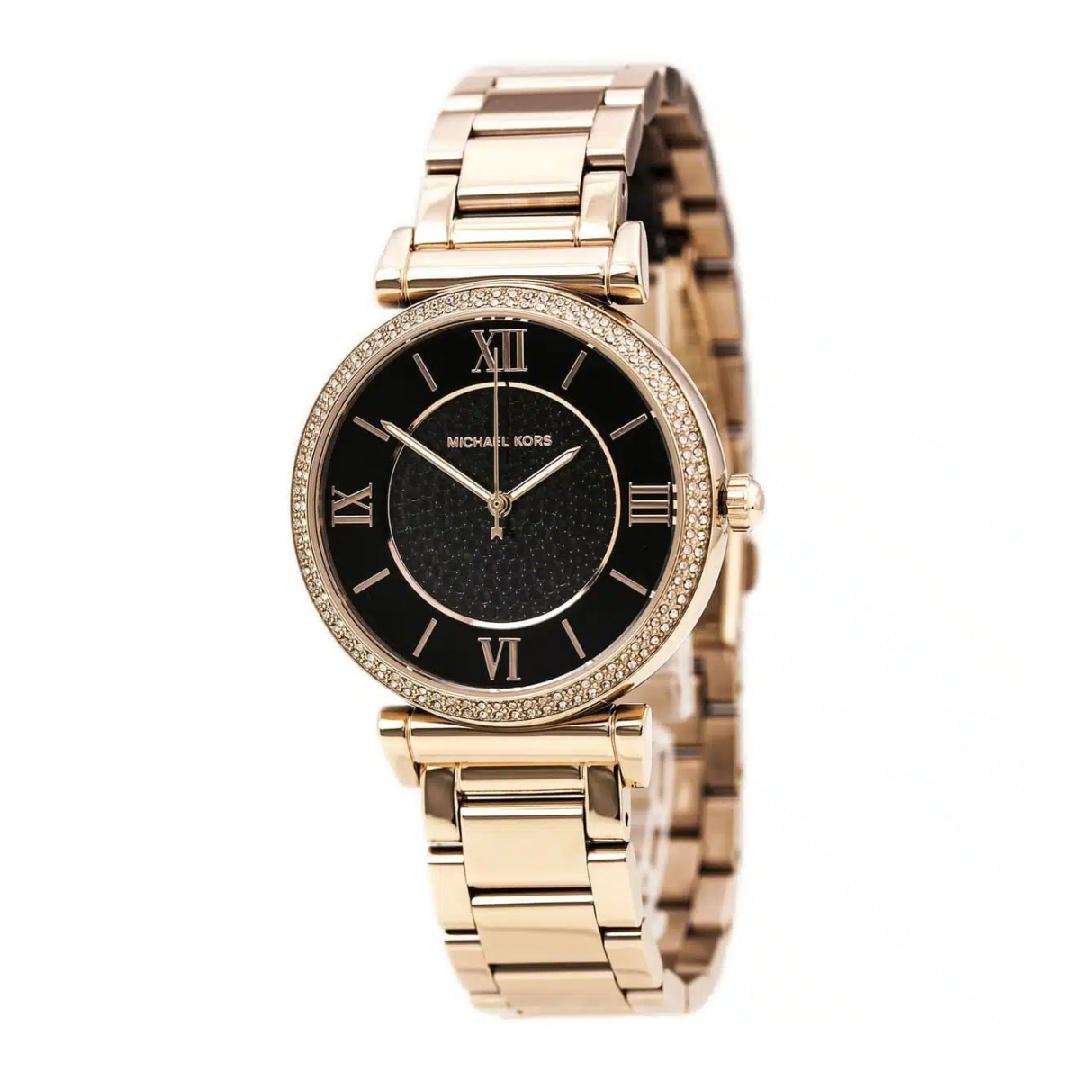 

Женские часы Michael Kors Catlin с черным циферблатом и бриллиантами, стальной ремешок цвета розового золота - MK3356 чёрный