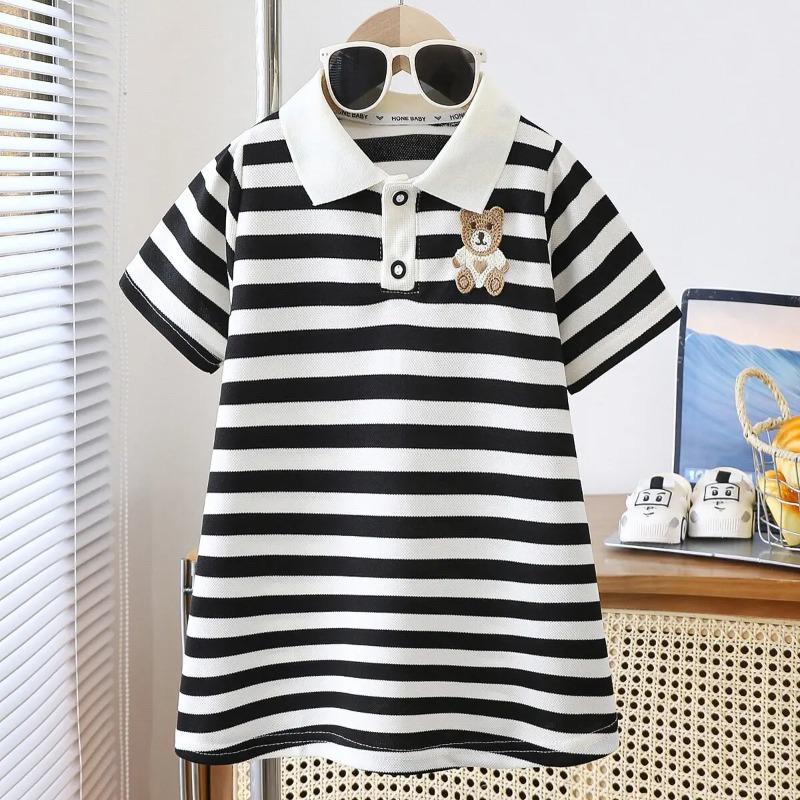 Children's Dress Girls' Summer Korean Edition Striped Strawberry Lapel Casual Dresses