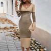 Autumn and Winter Temperament Slim V-neck Contrast Striped Sweater Dress