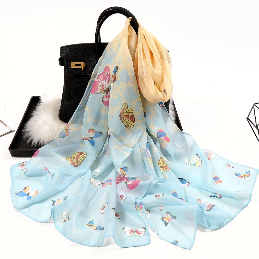 Chiffon Lotus Print Long Scarf - Lightweight, Thin Spring/Autumn Silk Accessory for Middle-Aged & Elderly