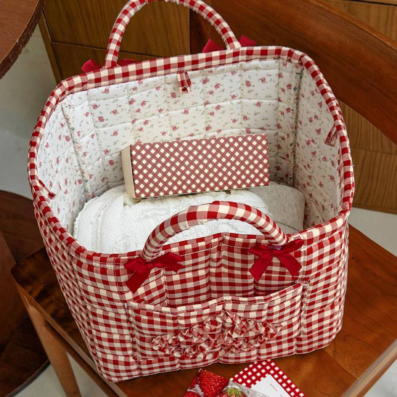 Cotton Storage Basket With Bow Pattern For Home Organization And Kids Room Use
