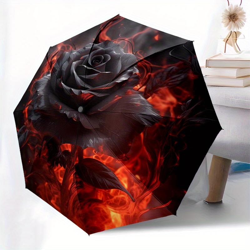 Flaming Black Rose Umbrella - Automatic Open/Close Compact Travel Umbrella with 8-Rib Durable Frame, Stylish Red  Black Rose