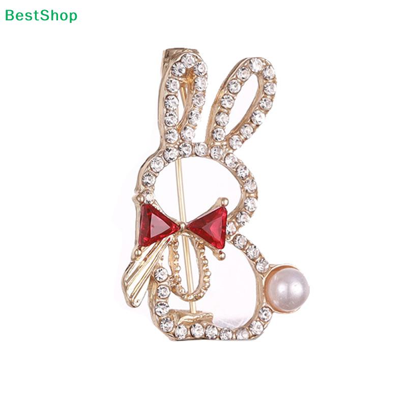 Easter Bunny Rhinestone Brooch,Gold Tone Rabbit Lapel Pin with Pearl & Red Bow for Women