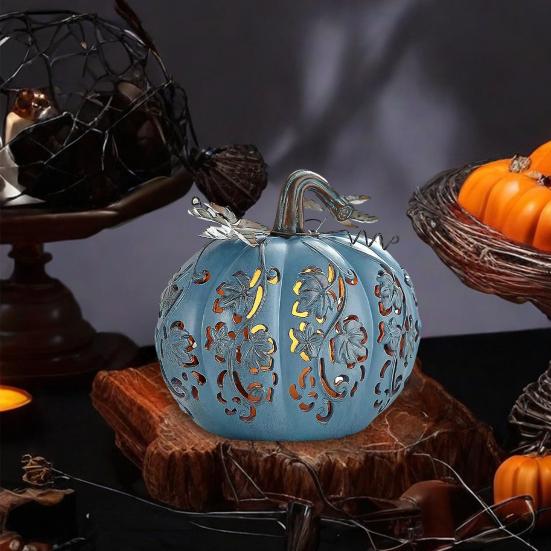 Halloween Pumpkin Light Hand-Carved Vine Hollow Decorative Lamp Resin Lighted Pumpkin with Flickering LED Candlelight Effect for Halloween