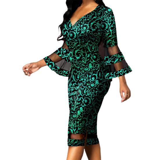 Buy Vneck Net Yarn Stitching Midi Dress Waist Tight Fashionable Print