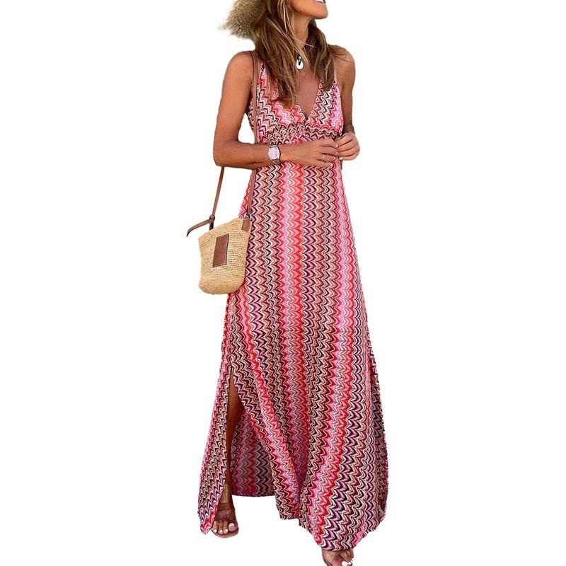 

Fashion Women s New Summer Bohemia Printed V-neck Sleeveless Split Dress Pink XL
