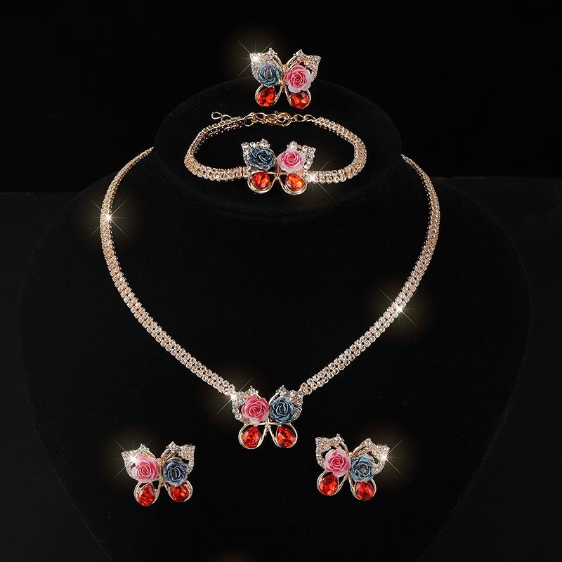 Full Diamond Necklace Earrings Ring Bracelet Four-piece Set Rhinestone Hollow Diamond Collar Bridal Set