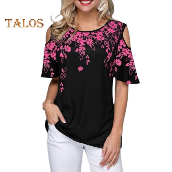 Damen T-Shirt Rundhalsausschnitt Kalte Schulter Kurzarm T-Shirt Lockere Passform Blumendruck Lässiges T-Shirt Für Den Alltag